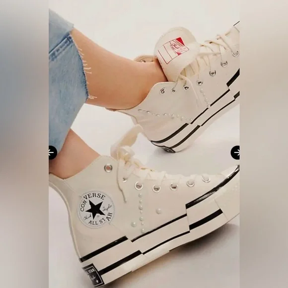 Converse Chuck Taylor high-tops in off-white with pearl detail. Lightly worn. - Picture 1 of 7